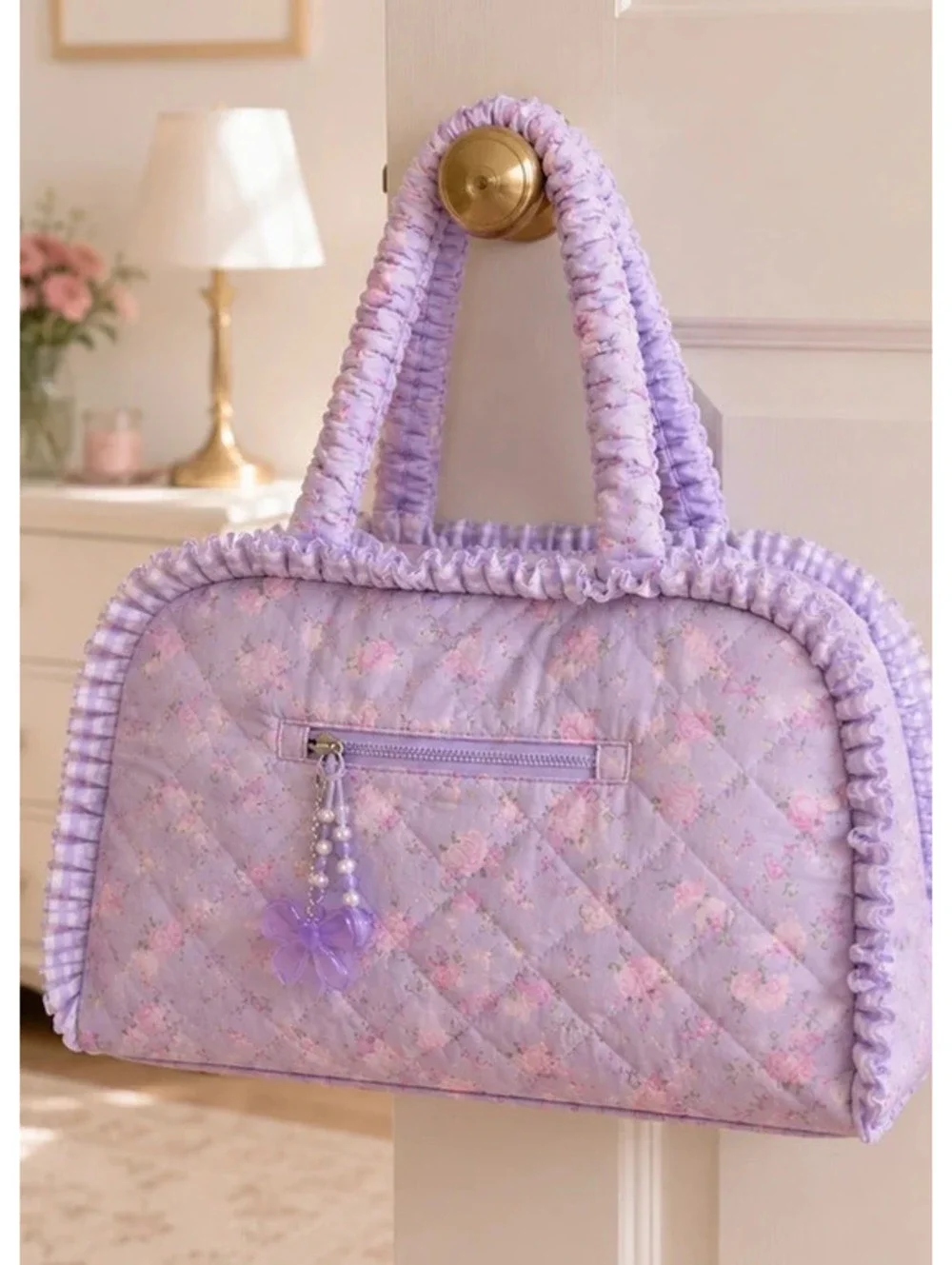 OMG Accessories Quilted Floral Duffle Bag Lilac Lavender Weekend Travel Bag NWT